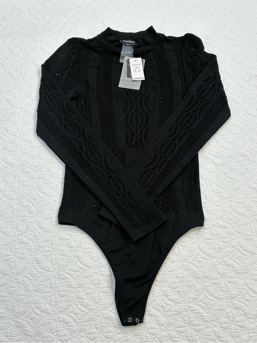 Bebe Women M Kimmie Mesh Bodysuit Black Open Knit Cutout Long Sleeve NWT